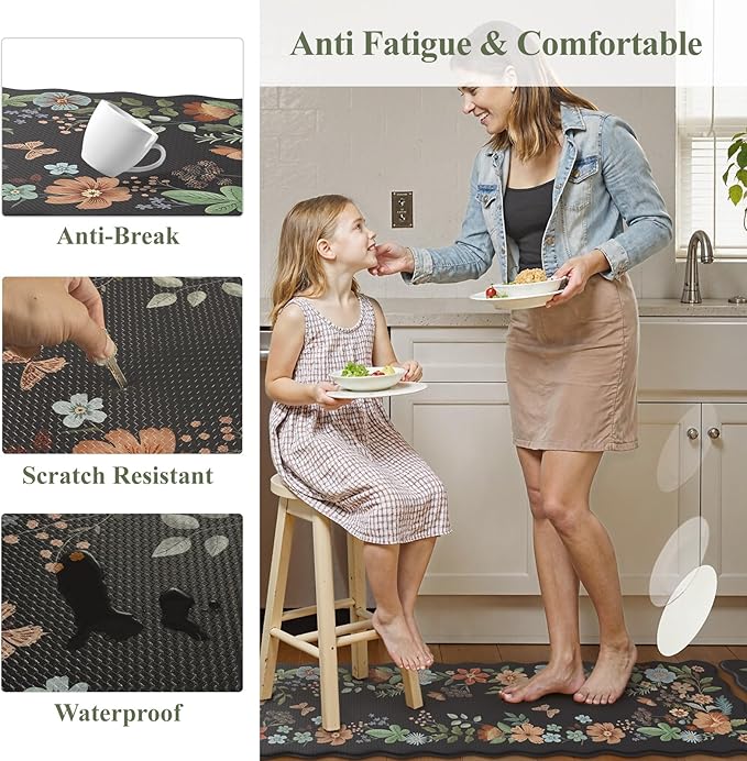Collive Anti Fatigue Mats for Kitchen Floor, Scalloped Cushioned Comfort Kitchen Rugs Set of 2 Waterproof Non Skid Padded Kitchen Floor Mat, Boho Floral Rug Black Standing Carpet for Office, Laundry