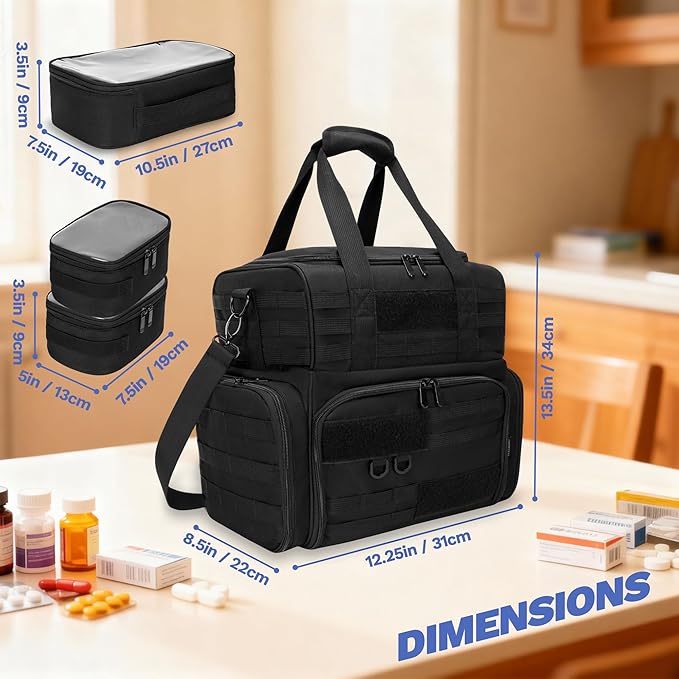 Tactical Pill Bottle Organizer Storage with 3 Inner Clear Pouches, Large Medicine Storage Bag, Pill Organizer Bags with Cross Body Straps for Home, Dorm, Travel, Outdoor, Black