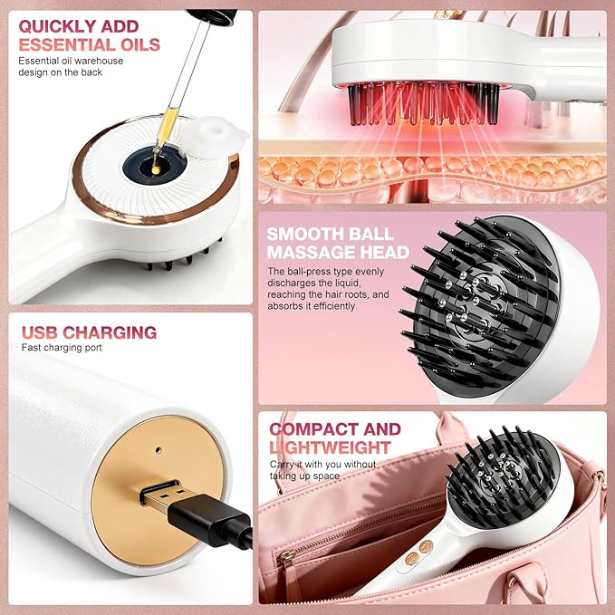 3 in 1 Scalp Massager Hair - 360° Hair Oil Applicator Electric Scalp Massager IPX7 Waterproof for Home & Travel (White)