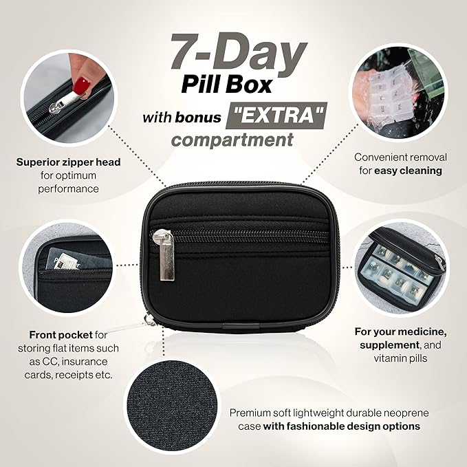 Made Easy Kit Pill Case - Medicine Organizer Box with Removable Seven-Day Vitamin & Supplement – Compact Travel Ready Dispenser in Pouch Holder with Zippered Pocket (Black)