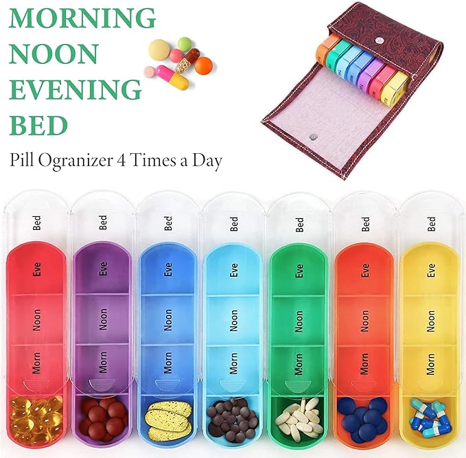 Pill Organizer,Haecsfl Weekly Travel Pill Case Box Medication Reminder Daily AM PM, Day Night 7 Compartments,for 4 Times A Day, 7 Days a Week-Includes Leather PU Carrying Case(1-Carved Red)