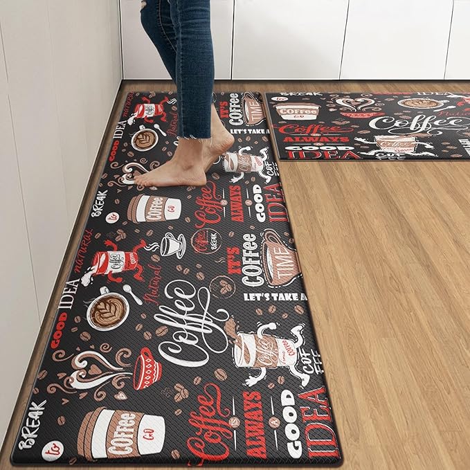 Arttown Coffee Cafe Vintage Anti-Fatigue Kitchen Rug Set of 2 Red Black Retro Farmhouse Cushioned Floor Standing Mat Waterproof Non-Slip Kitchen Mat and PVC Ergonomic Comfort Foam Rug