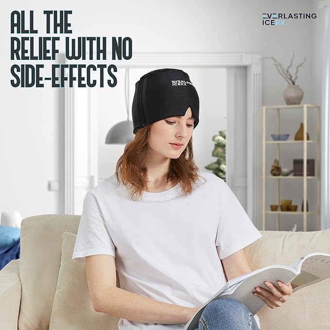Form Fitting Gel Ice Headache Relief Hat - Cold Therapy Headache Relief Cap/Ice Head Wrap Ice Pack Mask, Cold Compress Headache Relief Cap for Tension & Stress, 20% More Gel, Migraine Relief Black