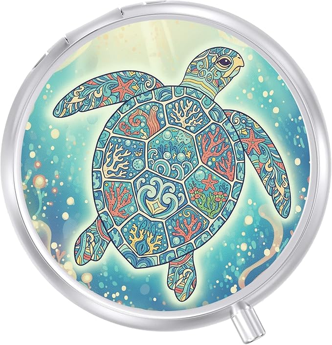 Round Pill Case Small Pill Box with Mirror Pocket 3 Compartment Vitamin Pill Medicine Case Organizer Pill Containers for Traveling Mandala Sea Turtle One