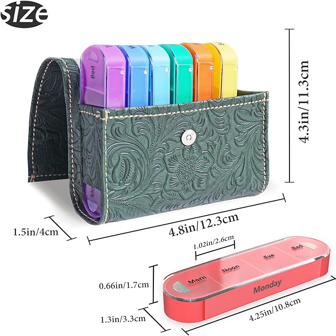 Pill Organizer,LIZIMANDU Weekly Travel Pill Case Box Medication Reminder Daily AM PM, Day Night 7 Compartments,for 4 Times A Day, 7 Days a Week-Includes Leather PU Carrying Case(1-Carved Green3)