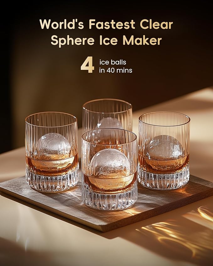 ecozy 2" Clear Ice Ball Maker with CrystalFlux Technology, 4 pcs in 40 Mins, 144 pcs/Day, Sphere Ice Maker with Enhanced Insulation, Self-Cleaning, Automatic Water Supply for Whiskey