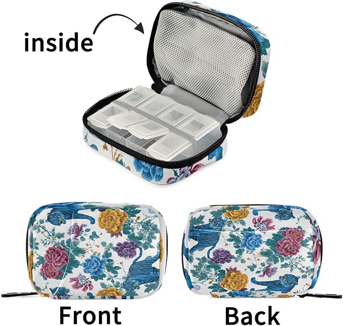 Vintage Floral Blue Tigers Travel Pill Organizer Case Box Container Weekly Portable Vitamin Medicine Holder Storage Bag with Zipper Removable