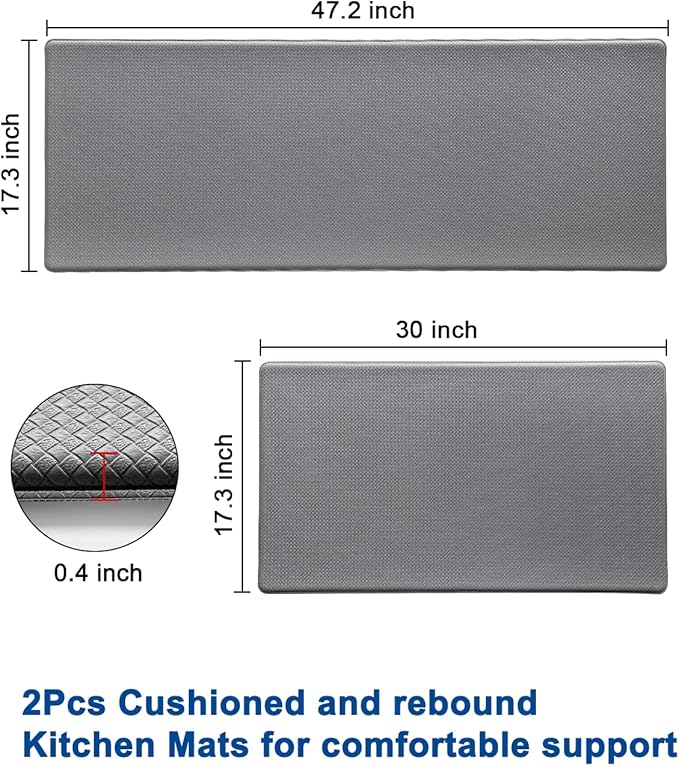 Artnice Kitchen Mats for Floor 2PCS, 0.4inch Stylish Anti Fatigue Mat, Non-Slip Standing Desk Mat, Waterproof Kitchen Rugs Set for Kitchen Floor, Office, Sink, Laundry 17.3"×30"+17.3"×47", Grey
