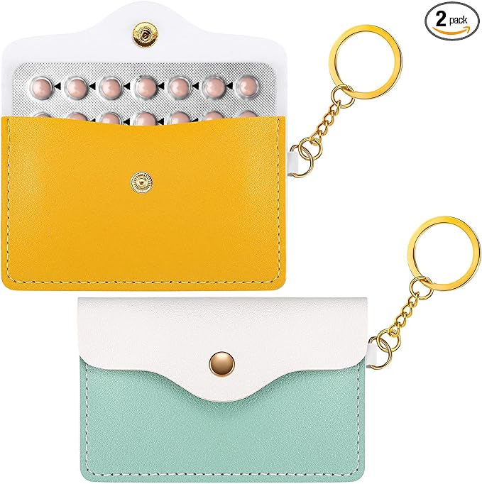 Tondiamo 2 Pack Birth Control Pill Case Holder PU Leather Pill Sleeve Packet 4.33 x 3 Inch Discreet Birth Control Pouch with Snap Closure Key Ring for Pills Card Organizer(Yellow, Green)
