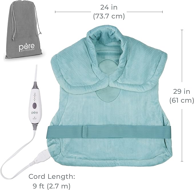 Pure Enrichment PureRelief XL Back & Neck Heating Pad- Safe Heat Therapy for Sore Muscles, Pain, & Cramps in Neck, Back, & Shoulders - 4 Heat Settings w/Auto Shut-Off, Soft Fabric (Sea Glass)