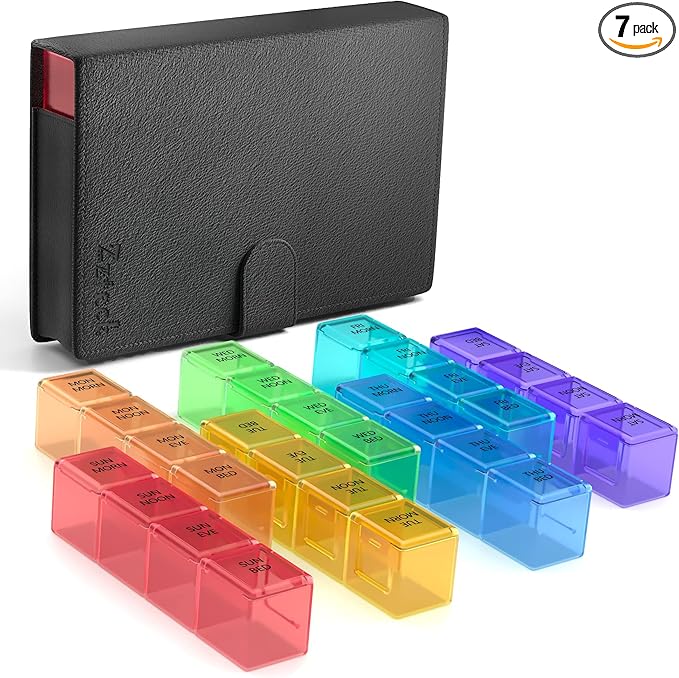 Deeper and Larger Compartments Daily Pill Organizer AM PM Medicine Pill Box, 7-Day Weekly Holder -Zzteck PU Leather Travel Case Day Night Large Medication Reminder Dispenser Vitamin Holder Container