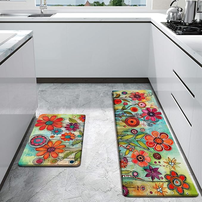 Bulijojo Flowers Anti Fatigue Kitchen Floor Mats Set of 2 Waterproof Kitchen Sink Runner Rug Standing Mat Cushioned Kitchen Rugs Comfort Doormat 17"x47"+17"x28"