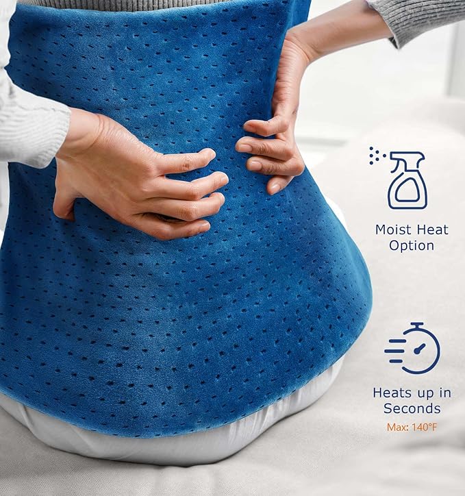 Heating Pad for Back Pain & Cramps, 24"x 20" Electric Heating Pad for Shoulder, Neck, Cramp, Menstrual Pain, Christmas Gifts for Women Men Mom Dad, Auto-Off, Machine Washable, Moist/Dry Heat pad, Blue