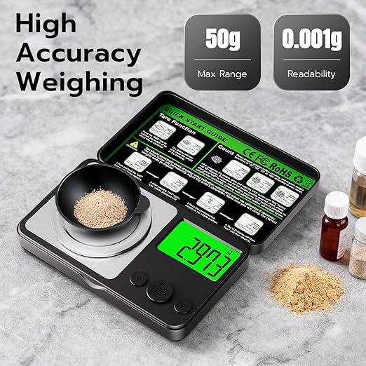 Wigearss Digital Milligram Scale 50g x 0.001g, Mini Precision Scale with Tare weight Function,Calibration Weight ＆ Backlit LCD Display, Pocket Micro Scale for Weighing Powder, Gold, Jewelry, Mini Food