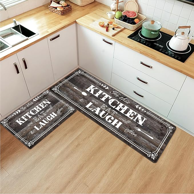 2 Pcs Kitchen Mats and Rugs 47x17.3 inch and 29x17.3 inch, Rustic Woodgrain Design Non Slip Cushioned Standing Mat for Kitchen Floor