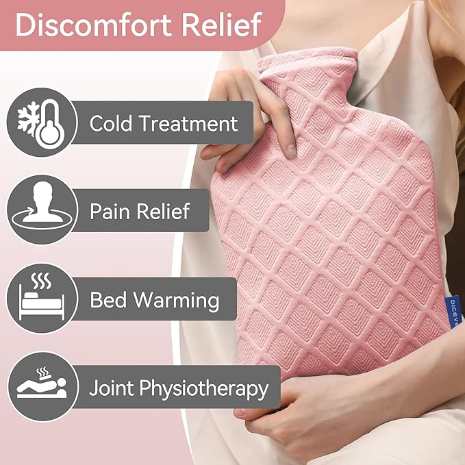 Hot Water Bottle with Soft Cover, 2L Hot Water Bag, Hot and Cold Therapies for Sore Muscles, Menstrual Cramps, Neck and Shoulder Pain Relief, Great Gifts for Women, Childs, Pink