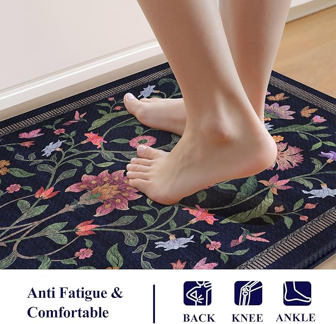 Collive Anti Fatigue Kitchen Mats, Cushioned Kitchen Rugs Set of 2 Waterproof Non Slip Desk Mat, Comfort Standing Rug Vintage Floral Carpet for Office, Sink, Laundry, 17.3"x29"+17.3"x47", Purple/Blue