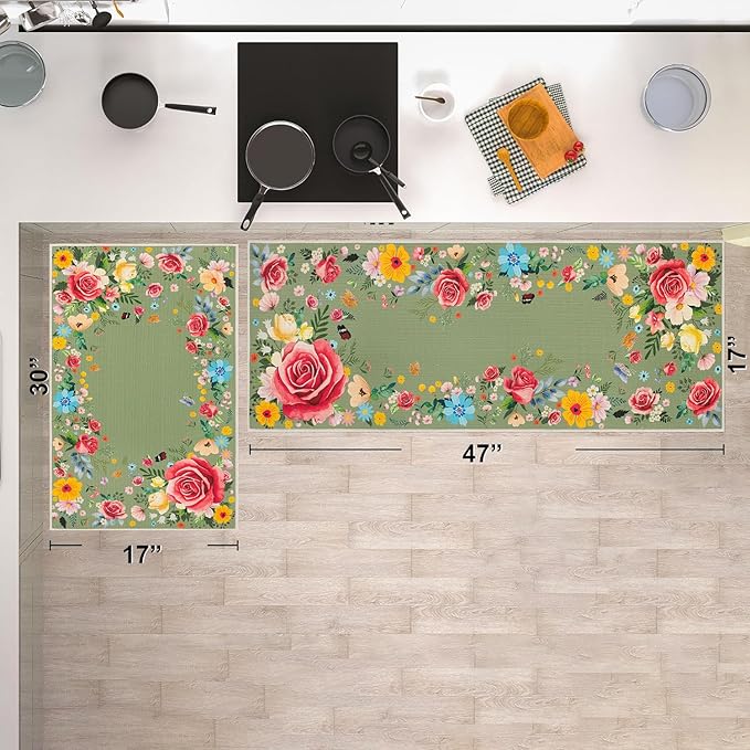Green Floral Kitchen Mats for Floor, Red Rose Flower Boho Kitchen Rugs Sets of 2, Non Skid Washable Rubber Runner Rugs, Spring Home Decor Accessories 17x30 and 17x47 Inch