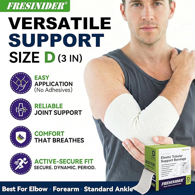 FRESINIDER Size D Elastic Tubular Support Bandage (3" x 11 Yards) – Light to Moderate Compression Roll for Forearm, Elbow & Ankle, Breathable Stretch Stockinette