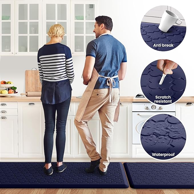 Kitchen Mat [2 PCS] Cushioned Anti-Fatigue Floor Mat Water Resistant Non-Skid Kitchen Mats and Rugs Ergonomic Comfort Foam Kitchen Rugs Standing Mat for Floor Office Sink (Blue,20"x30"+20"x47")