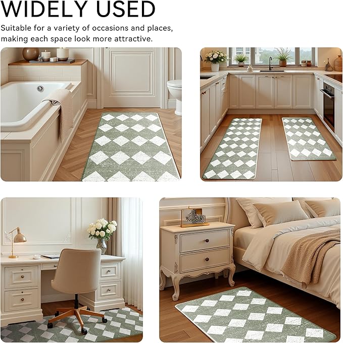 Sage Green Moroccan Trellis Checkered Kitchen Rug Sets [2 PCs], Anti-Fatigue, Waterproof Non-Slip Kitchen Mats Heavy Duty Ergonomic Comfort Foam Rug for Floor, Home, Laundry,17"x29"+17"x47"