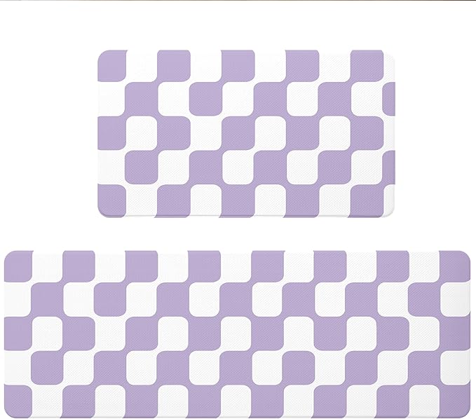 Modern Purple Retro Curvy Checkered Grid Checkerboard Kitchen Rug Sets [2 PCs], Anti-Fatigue, Waterproof Non-Slip Kitchen Mats Heavy Duty Comfort Foam Rug for Floor, Home, Laundry,17"x29"+17"x47"