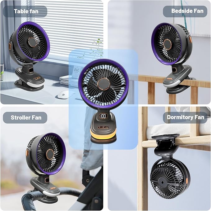 Portable Clip on Fan, Battery Operated Small Powerful USB Desk Fan with Night Light & LED Display Screen, Mini Table Fan, 360° Rotate Personal Fan for Home Office Stroller Camping (Gray)