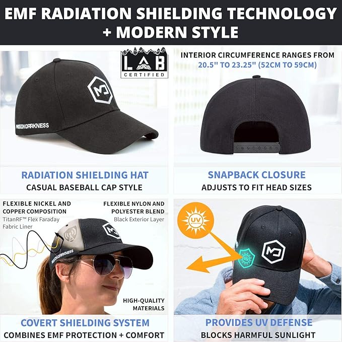 Mission Darkness EMF Blackout Hat - Anti-Radiation Snapback Cap Protects Against EMF EMI RF 5G Wireless Signals - Universal Adult Size (Adjustable)