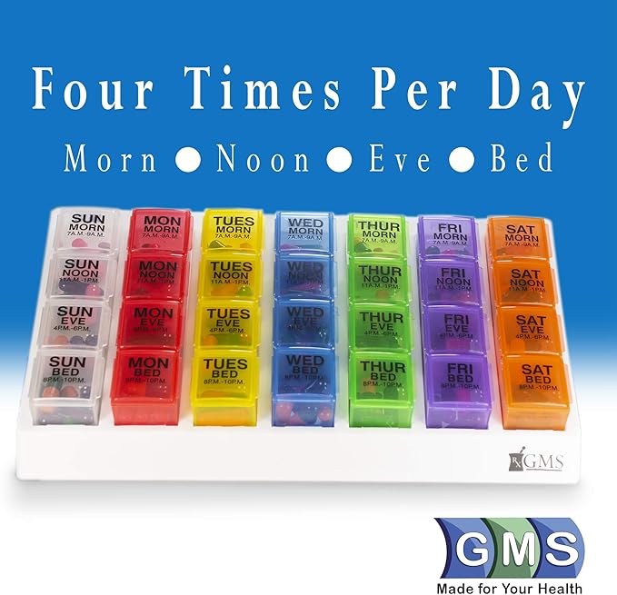 GMS 4 Times Per Day Weekly Slant Tray Pill Organizer - Includes 7 Removable Pill Boxes for Organizing and Reminding Medications While Traveling, Working, and Other Daily Activities(Rainbow)