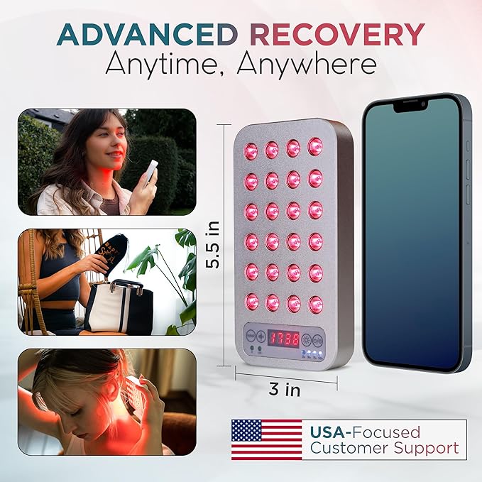 The Mini Go Handheld Red Light Therapy Device, 24 LEDs, 5 Brightness Levels, Adjustable Frequencies, Rechargeable Battery, Red and Infrared Light Therapy, On The Go Light Therapy, Gray