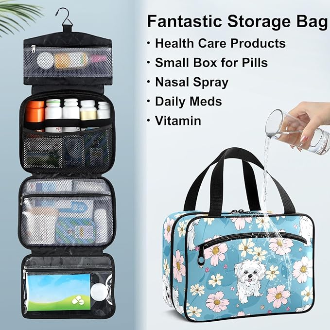 Fustylead Cute Cartoon Maltese and Daisy Flowers Large Medical Supplies Organizer Bag with Zipper Empty First Aid Bag Trauma Kit for Traveling Hiking Camping