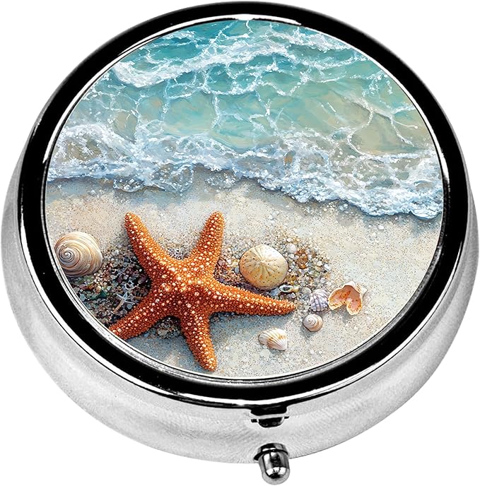 Pill Box, 3 Compartments Small Pill Case Travel Portable Metal Medicine Box with Mirror Mini Container for Purse Pocket Women Men(Beach Starfish)