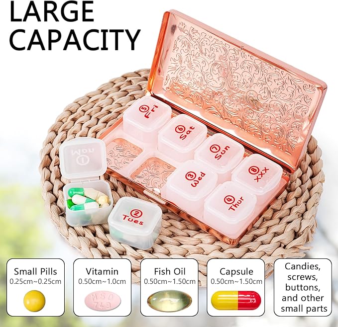 Portable 7-Day Metal Pill Case, Featuring 8 Compartments—Perfect for Travel. BPA-Free. (L-Pink, Large)