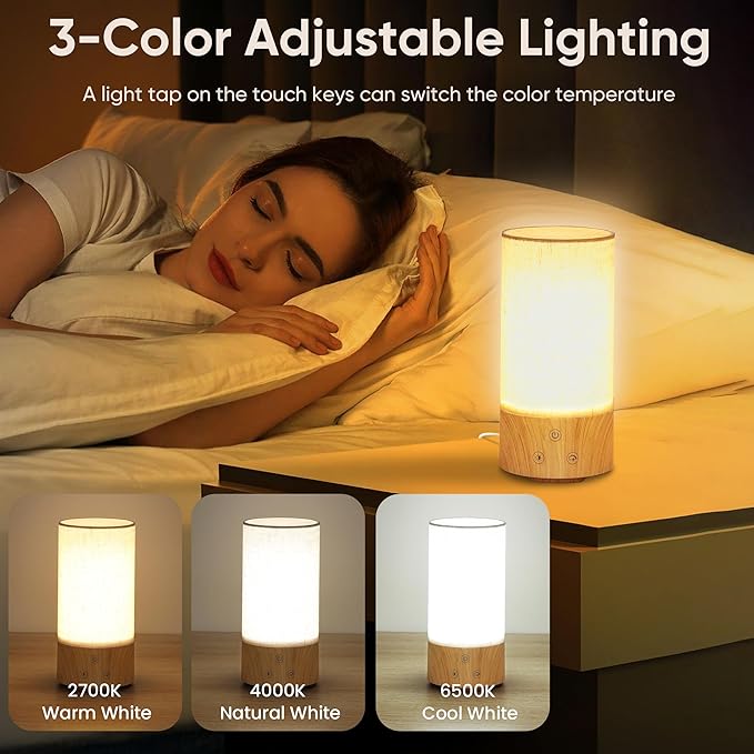 Light Therapy Lamp, Happy Lamp 10,000 LUX UV Free with 3 Color Temperature & 5 Brightness Level, Full Spectrum Light Wood Base Round Flaxen Fabric Shade for Living Room, Desk, Office