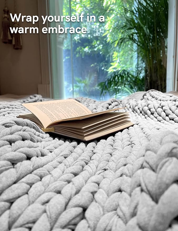 YnM 100% Cotton Weighted Blanket, Handmade Chunky Knitted Throw, No fillers Design, Soft and Breathable, Machine Washable Bed Blanket for Sleep or Home Decor (Lighte Grey, 60x80 Inch, 25lbs)