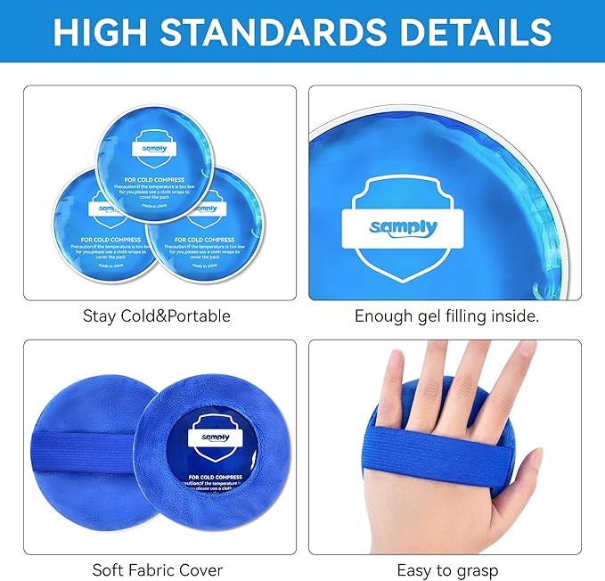 samply Small Gel Ice Packs for Boo Boos, Cold Packs for Injuries Reusable Pain Relief, Headaches and Toothaches,Eyes, Face, 4 Pack Mini Round Ice Packs with 2 Covers for Cold Compress