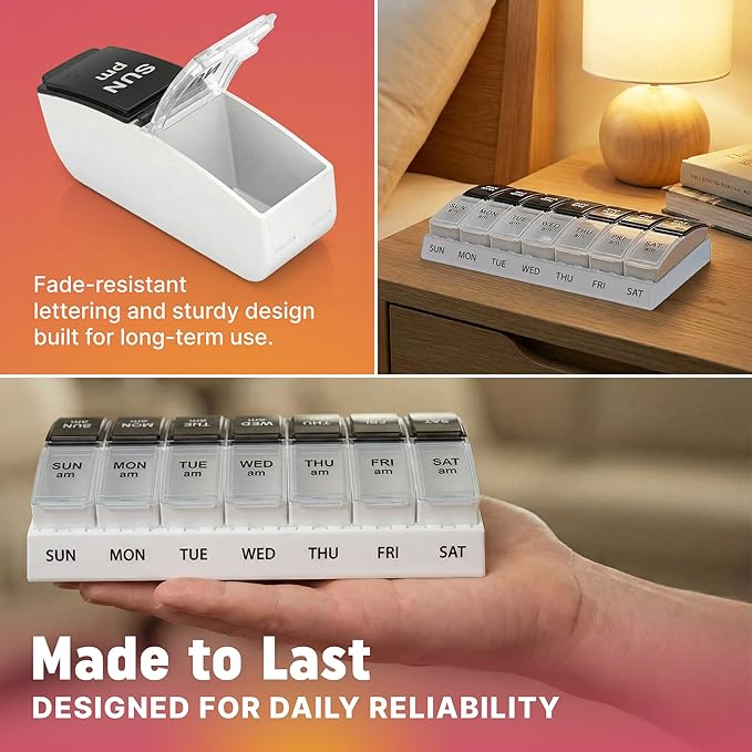 Weekly AM/PM Pill Organizer - 7 Day Medicine Planner with Large Pop-Out Daily Compartments, Easy Open 2-Times-a-Day Pill Case for Travel that Holds Big Size Vitamins & Supplements, Black and White