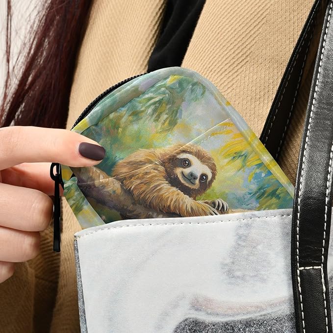 Fustylead Vintage Cute Tropical Sloth on Branch Oil Painting Travel Pill Organizer Bag with Zipper Small Pill Box 7 Day Pill Case for Purse Storage Weekly Vitamin Medicine Supplement
