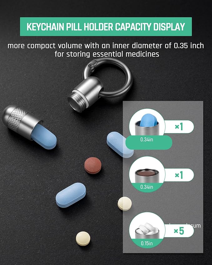 TISUR Small Keychain Pill Holder, Titanium Pill Case Waterproof Pill Fob for Travel Purse Pocket, Portable Pill Container Box Pill Organizer Tube (Upgrade Tiny)