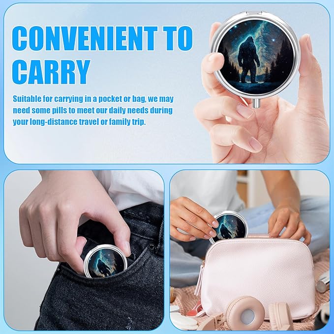 Pill Box, 3 Compartments Small Pill Case Travel Portable Metal Medicine Box with Mirror Mini Container for Purse Pocket Women Men（Bigfoot Mountain Moon）