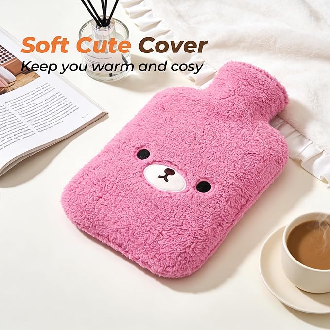 samply Hot Water Bottle with Cute Fleece Cover, Hot Water Bag for Hot and Cold Compress, Hand Feet Warmer, Neck and Shoulder Pain Relief, Purple Bear