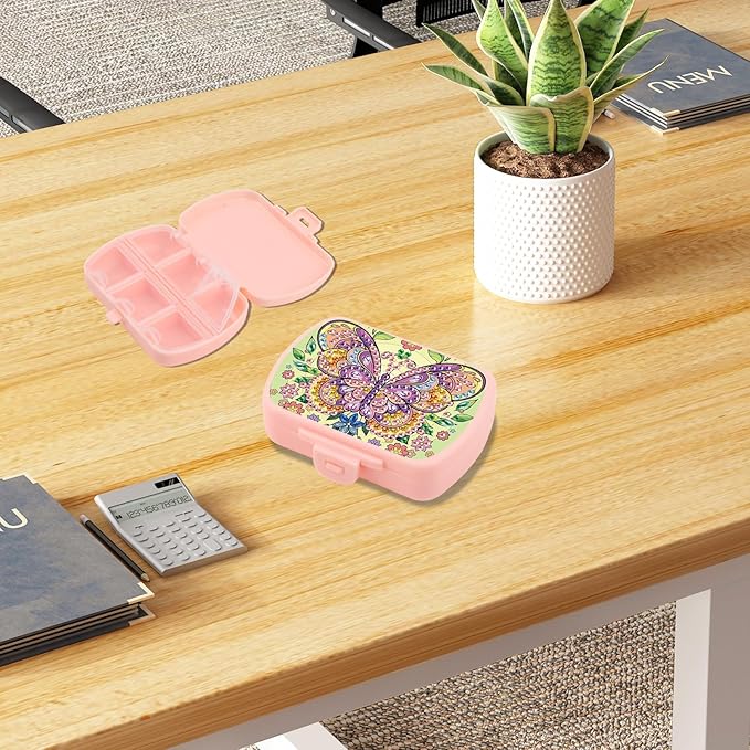 Butterfly DIY Diamond Painting Travel Pill Box, 6 Compartments Daily Vitamin Organizer, Portable Supplements Medicine Pill Case Container for Study Office Travel