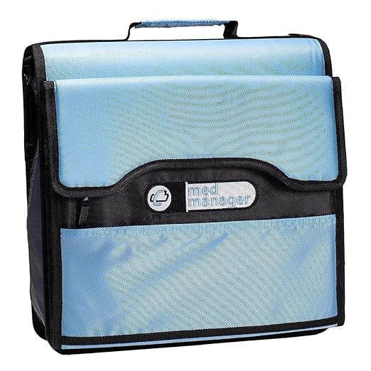 Med Manager Medicine Organizer and Portable Medical Binder, Holds (15) Pill Bottles - (11) Standard Size and (4) Large Bottles, Includes Removable 5-Tab File Folder, Light Blue, 14 x 14 x 4 inches