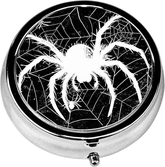 Pill Box, 3 Compartments Small Pill Case Travel Portable Metal Medicine Box with Mirror Mini Container for Purse Pocket Women Men（Black Spider Web）