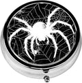 Pill Box, 3 Compartments Small Pill Case Travel Portable Metal Medicine Box with Mirror Mini Container for Purse Pocket Women Men（Black Spider Web）
