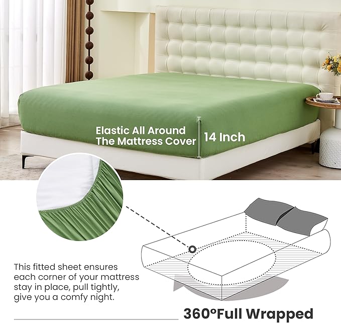 Simple&Opulence Belgian Linen Sheet Set Solid Color - 4 Pieces (1 Flat Sheet & 1 Fitted Sheet & 2 Pillowcases) Natural Flax Cotton Blend Soft Bedding Breathable Farmhouse - Khaki Green, Queen Size