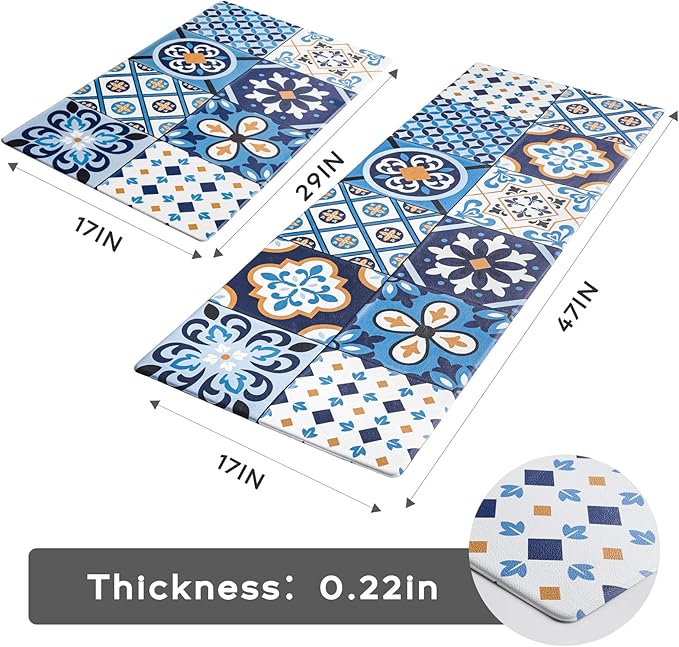 Ashler Kitchen Mats Anti-Fatigue Kitchen Rugs, Non-Slip Waterproof Kitchen Floor Mats, 2PCS Ergonomic Comfort Foam Standing Rug for Kitchen, Office, Floor, Laundry, Sink, 17x47 in & 17x29 in, Blue