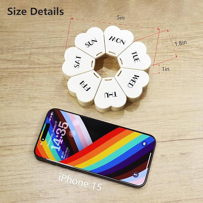 MOLN HYMY Large Weekly Pill Box 7 Day, Cute Pill Case Organizer 1 time a Day, Floral Pill Container Once Daily, Pretty Medicine Dispenser for Vitamin/Fish Oil/Medication/Supplements (Milky White)