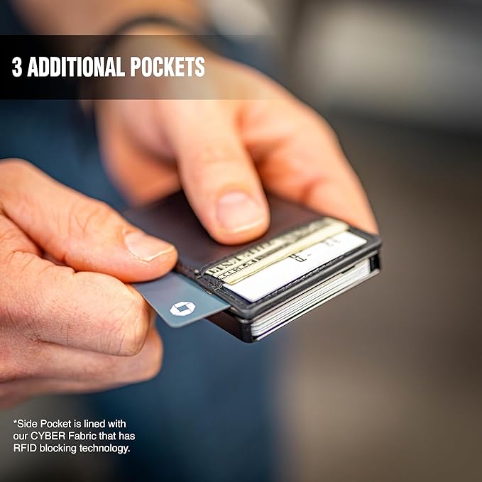Faraday Wallet - RFID Blocking | Aluminum Credit Card Holder | Slim Minimalist Wallet | Locking Button Release | MagSafe Compatible | Money Clip | Genuine Leather (Faraday Companion Wallet)