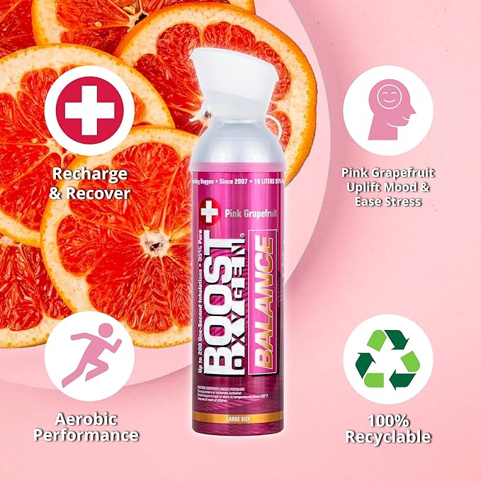 Boost Oxygen Large Balance Pink Grapefruit Aroma 10L Canister | Respiratory Support for Aerobic Recovery, Altitude, Performance & Health (6 Pack)
